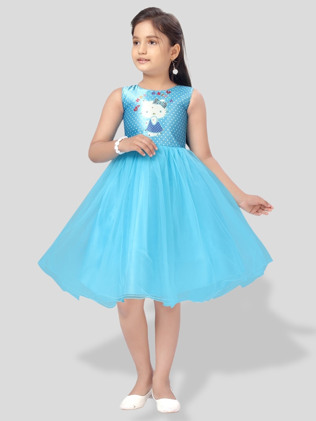 

BAESD Girls Hello Kitty Printed Net Fit & Flare Dress, Turquoise blue