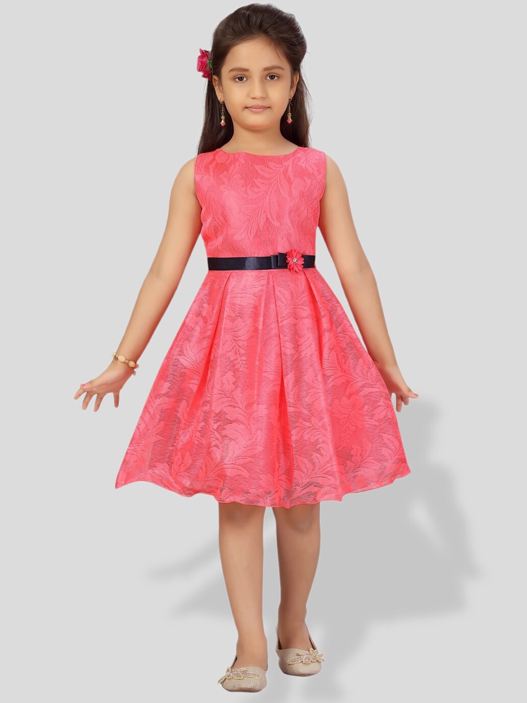 

BAESD Girls Self Design Net Fit & Flare Dress, Red