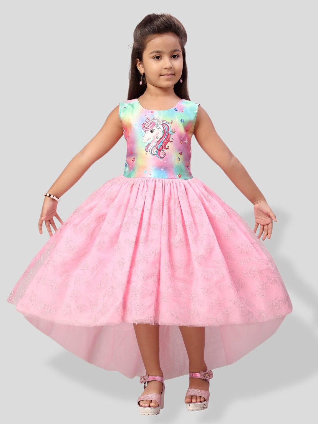 

BAESD Girls Unicorn Printed Net Fit & Flare Maxi Dress, Pink
