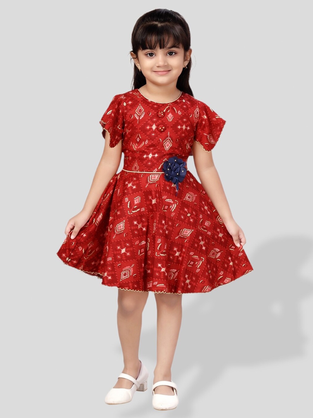 

BAESD Girls Geometric Printed Flared Sleeve Fit & Flare Dress, Red