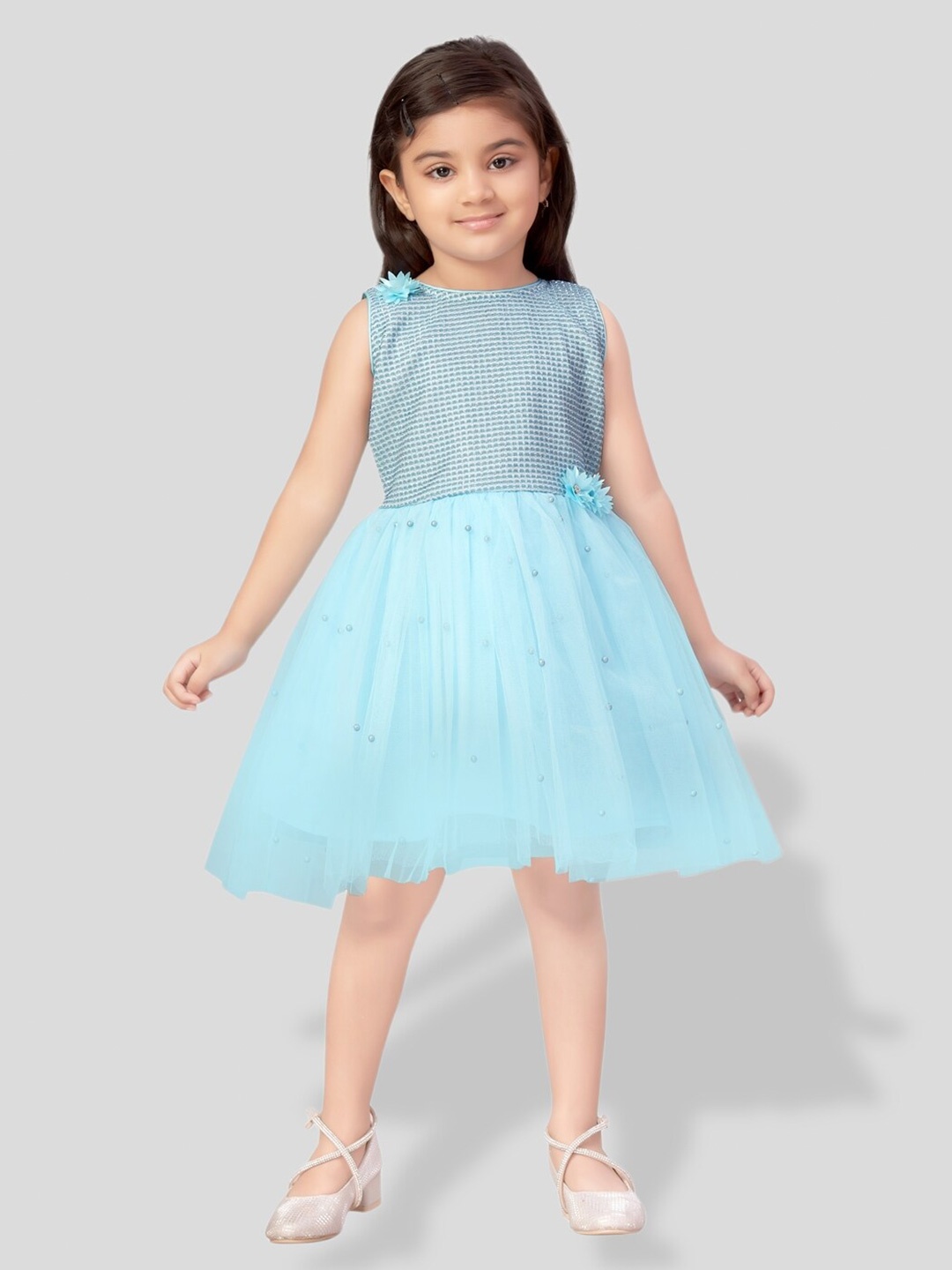 

BAESD Girls Self Design Net Fit & Flare Dress, Turquoise blue