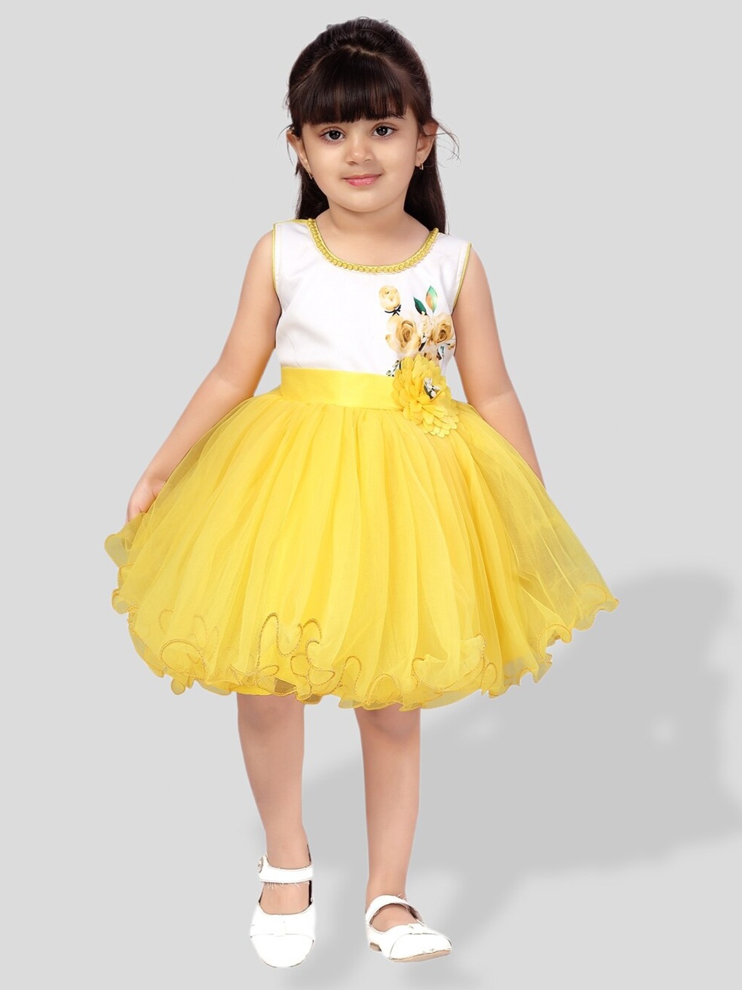 

BAESD Floral Printed Net Fit & Flare Dress With Corsage, Yellow