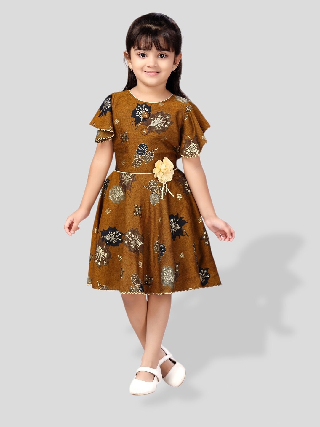 

BAESD Girls Floral Print Flared Sleeve Fit & Flare Dress, Brown
