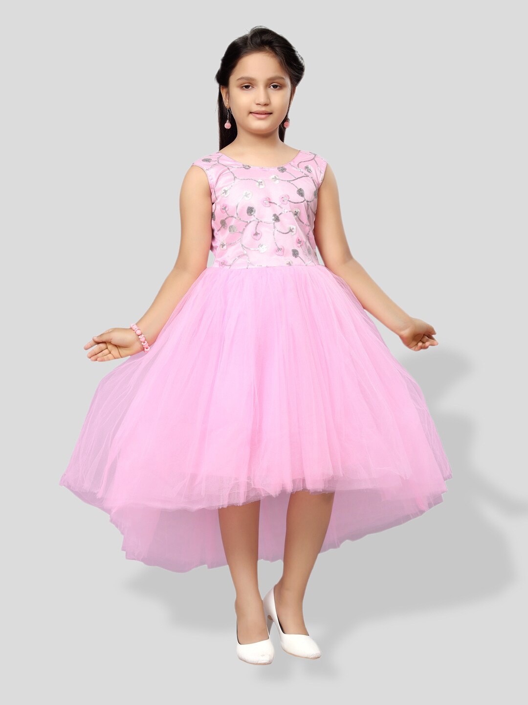 

BAESD Girls Floral Print Net Fit & Flare Midi Dress, Pink