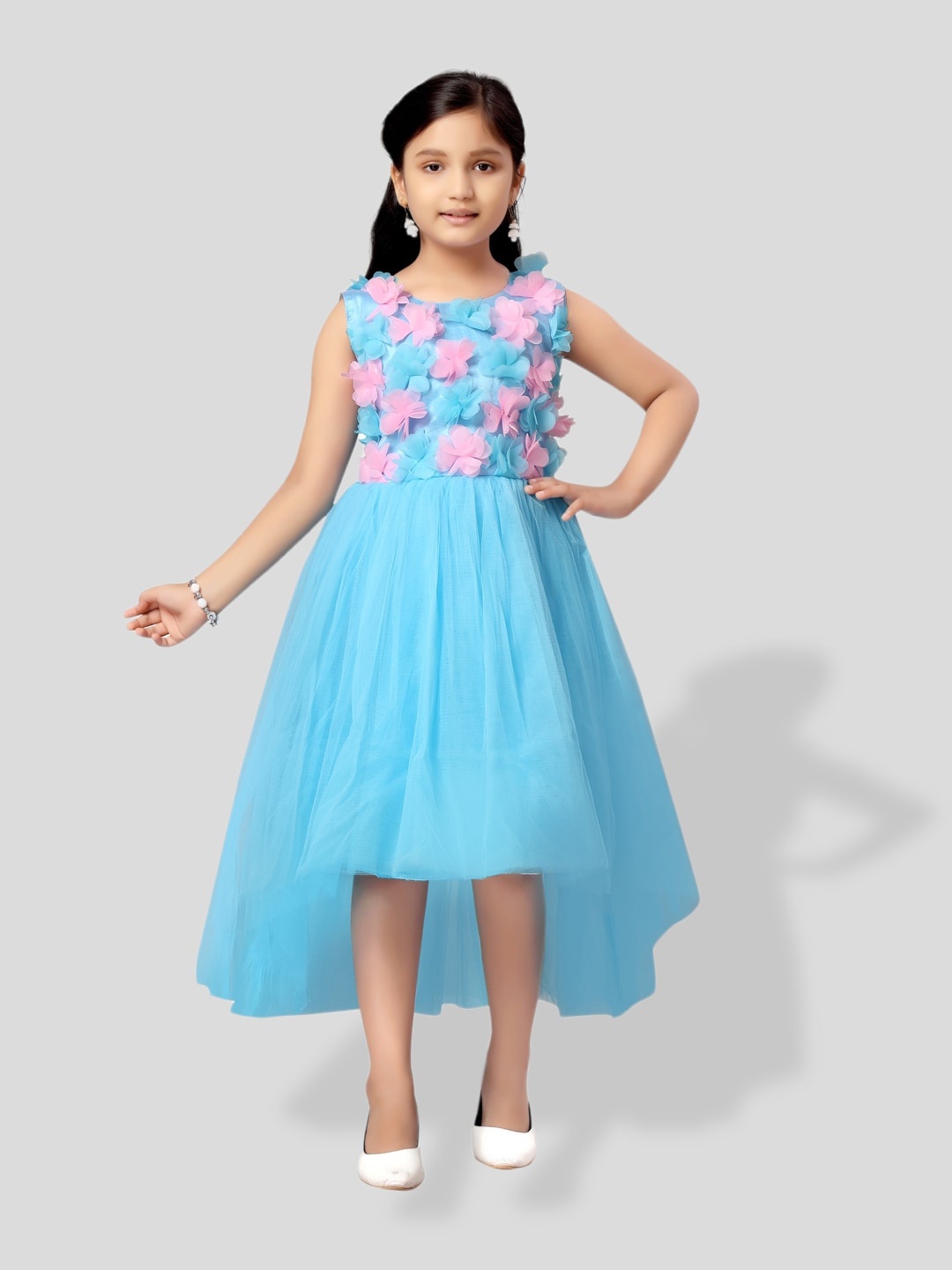 

BAESD Girls Floral Net Fit & Flare Midi Dress, Turquoise blue