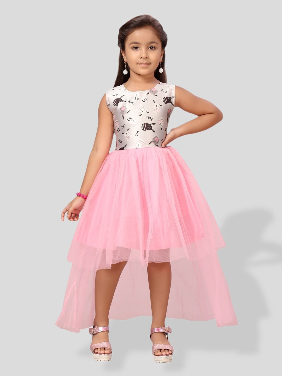 

BAESD Girls Printed Net High-Low Hem Fit & Flare Tulle Dress, Pink