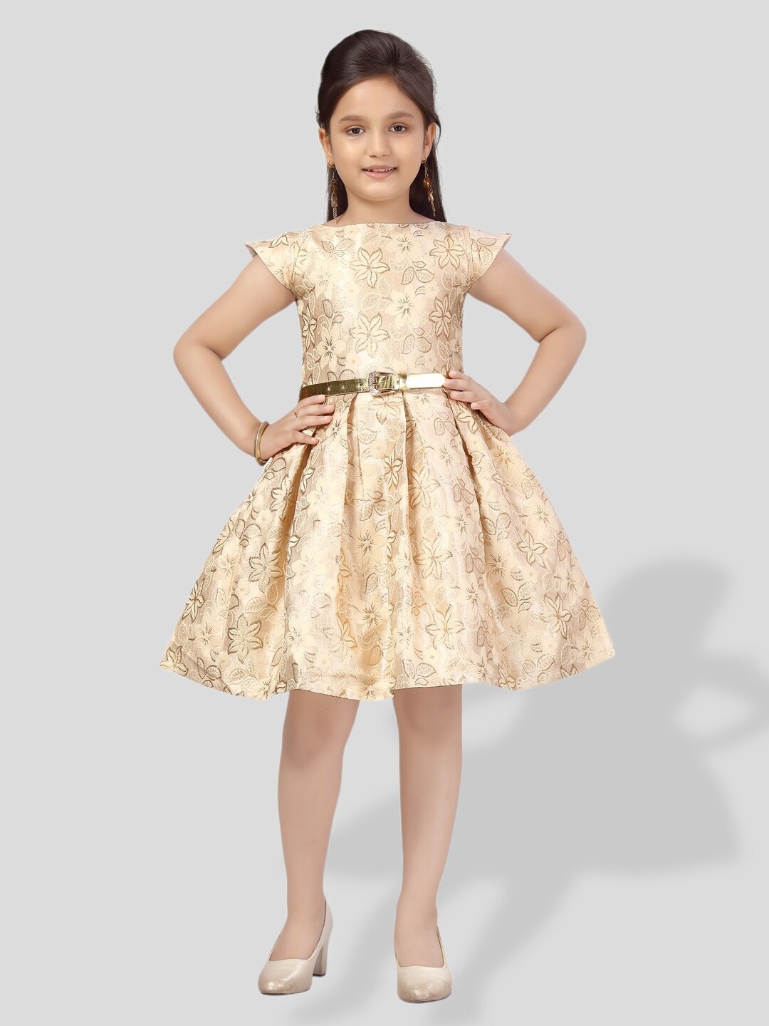 

BAESD Girls Floral Self Design Belted Fit & Flare Dress, Beige