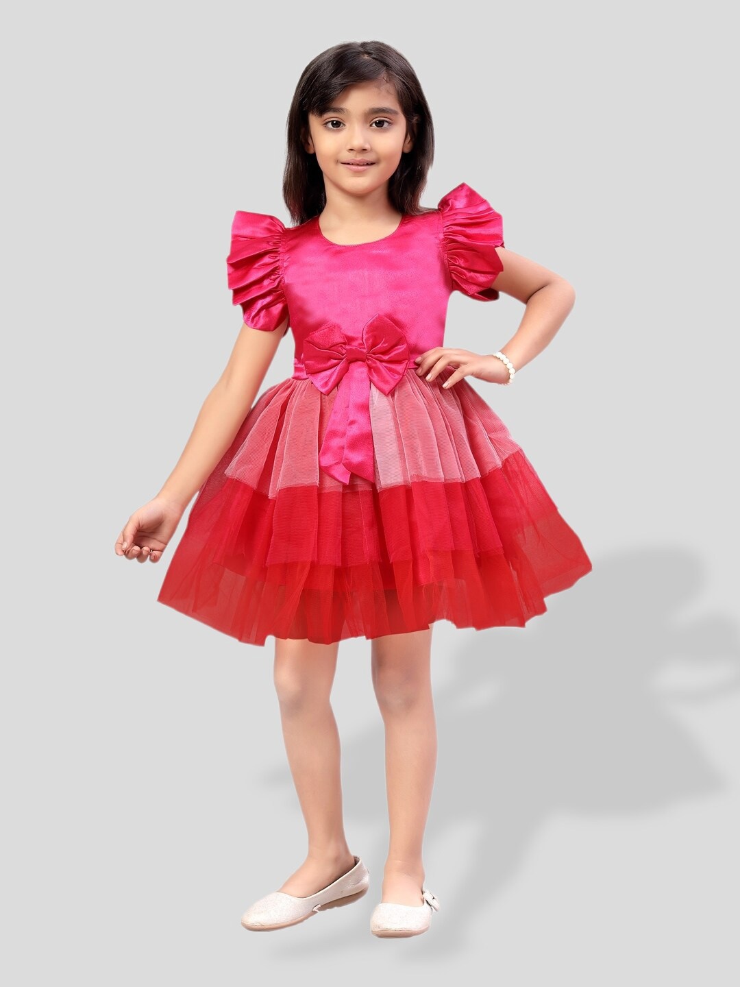 

BAESD Girls Bow Layered Flutter Sleeves Fit & Flare Dress, Magenta