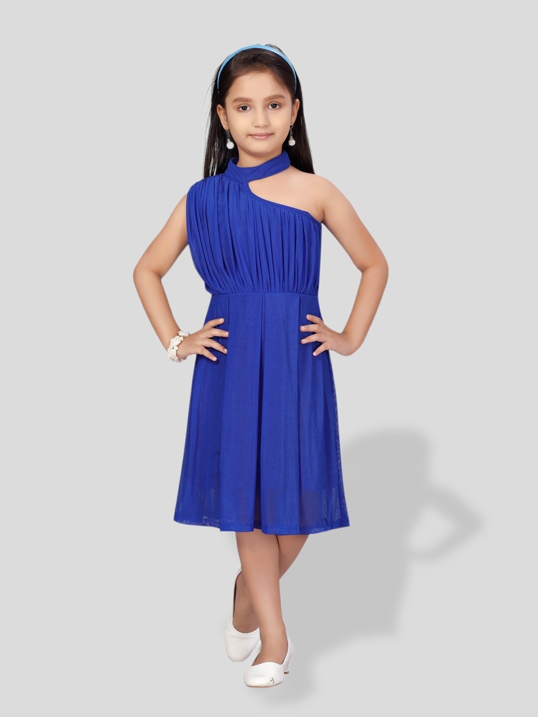 

BAESD Girls Accordion Pleated One Shoulder Fit & Flare Dress, Blue