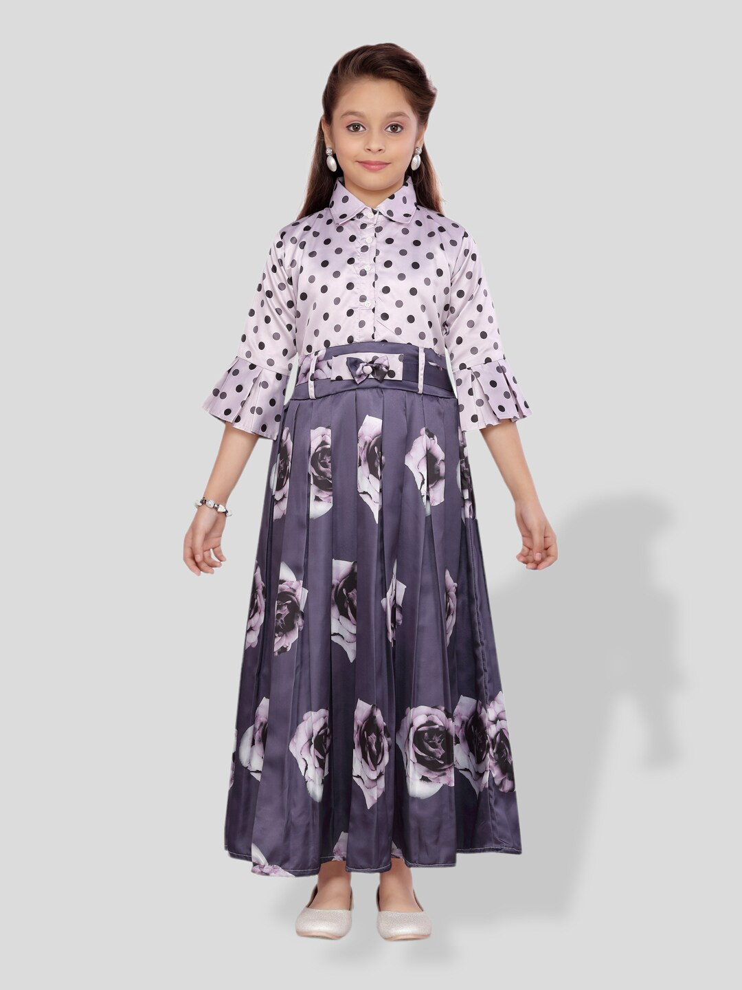 

BAESD Girls Polka Dots & Floral Printed Bow Maxi Dress With Belt, Grey