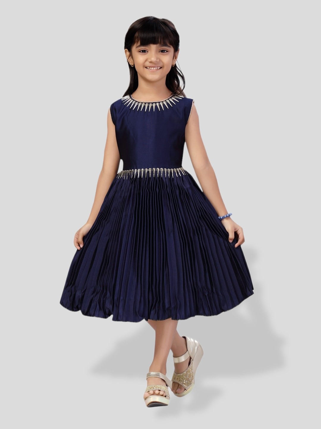 

BAESD Girls Embellished Accordion Pleats Silk Midi Fit & Flare Dress, Navy blue