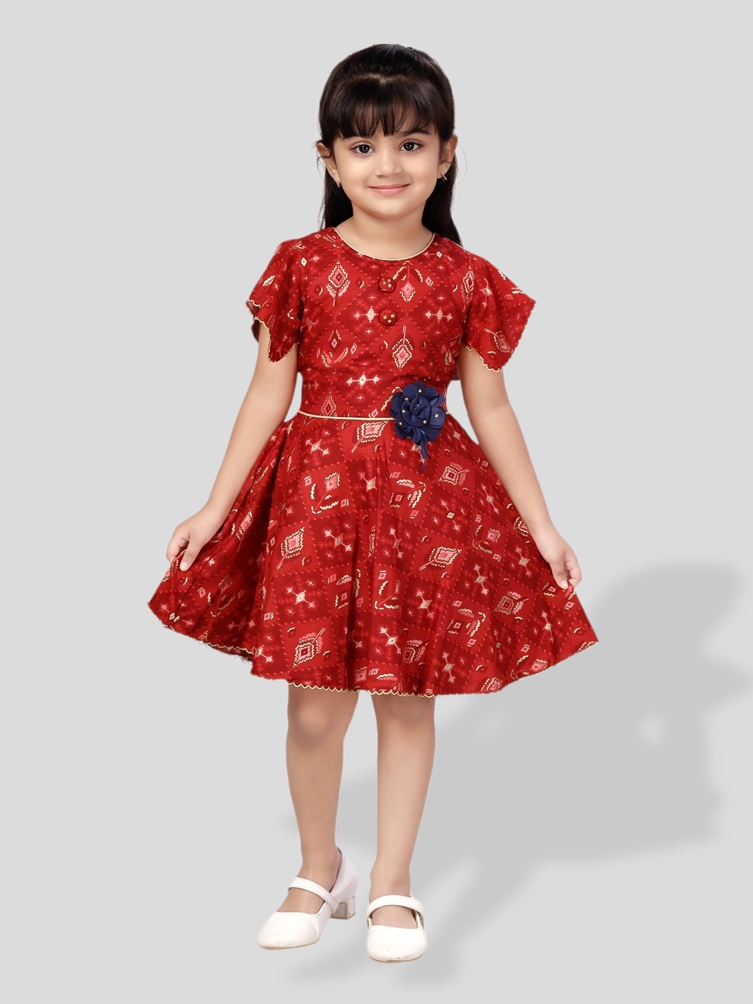 

BAESD Girls Ethnic Printed Flared Sleeve Fit & Flare Dress, Red