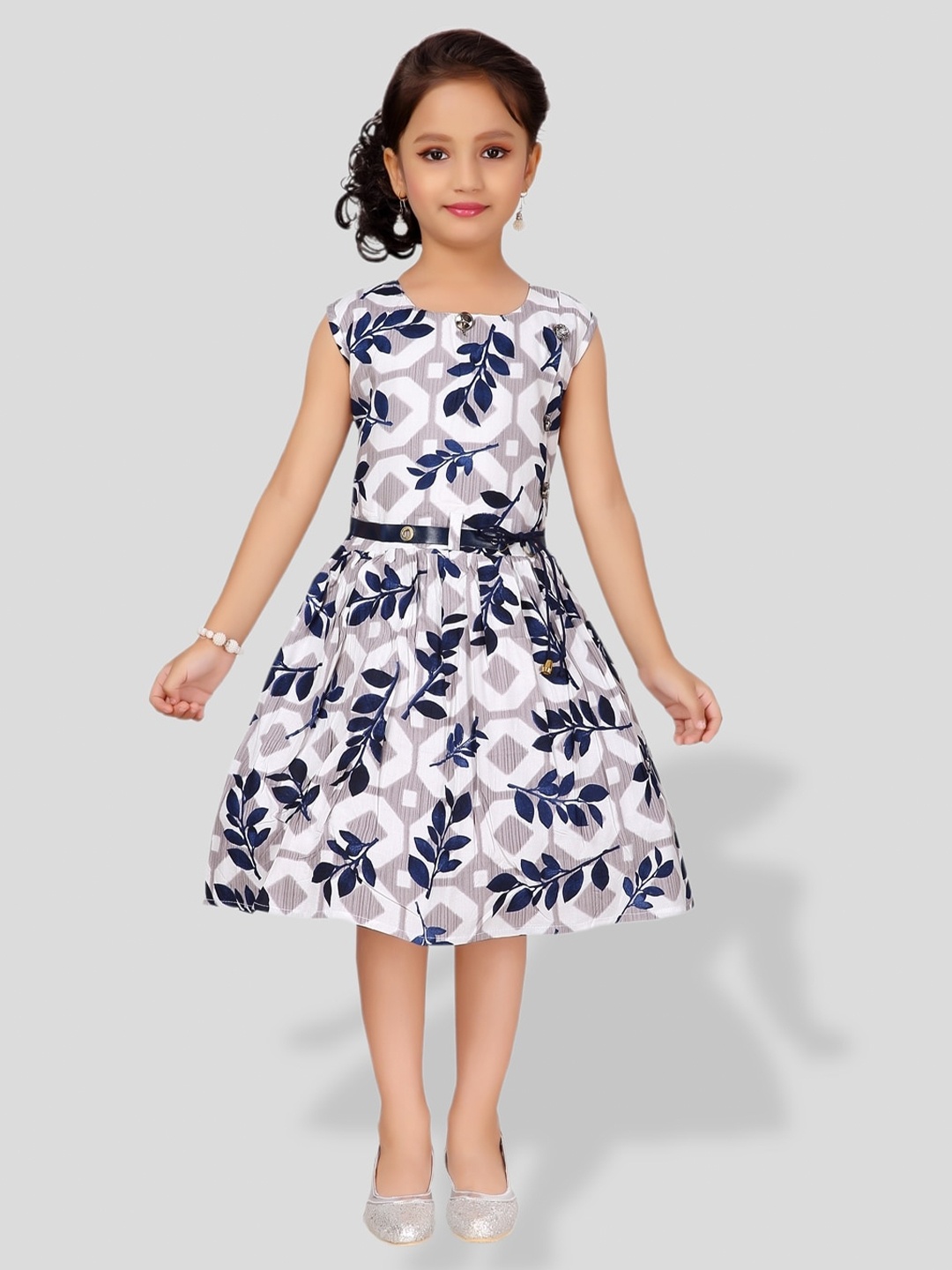 

BAESD Girls Tropical Printed Midi Fit & Flare Dress With Belt, Grey