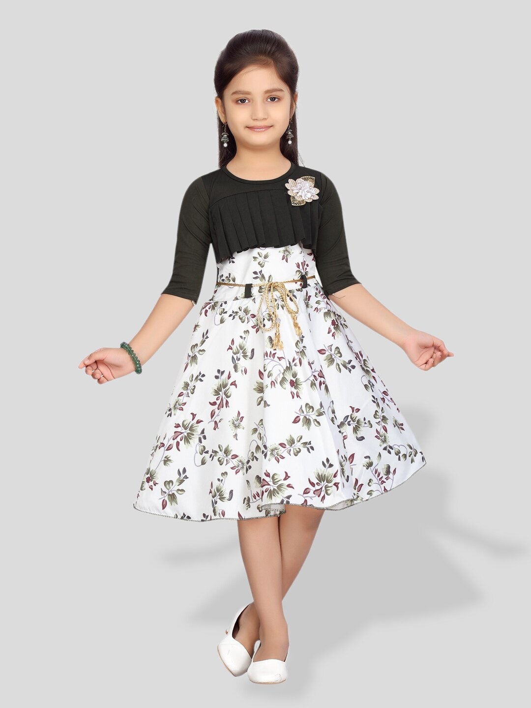 

BAESD Girls Floral Printed Fit & Flare Dress With Belt, Black