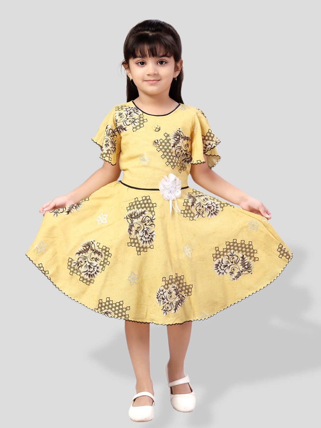 

BAESD Girls Floral Printed Flutter Sleeve Fit & Flare Dress, Yellow