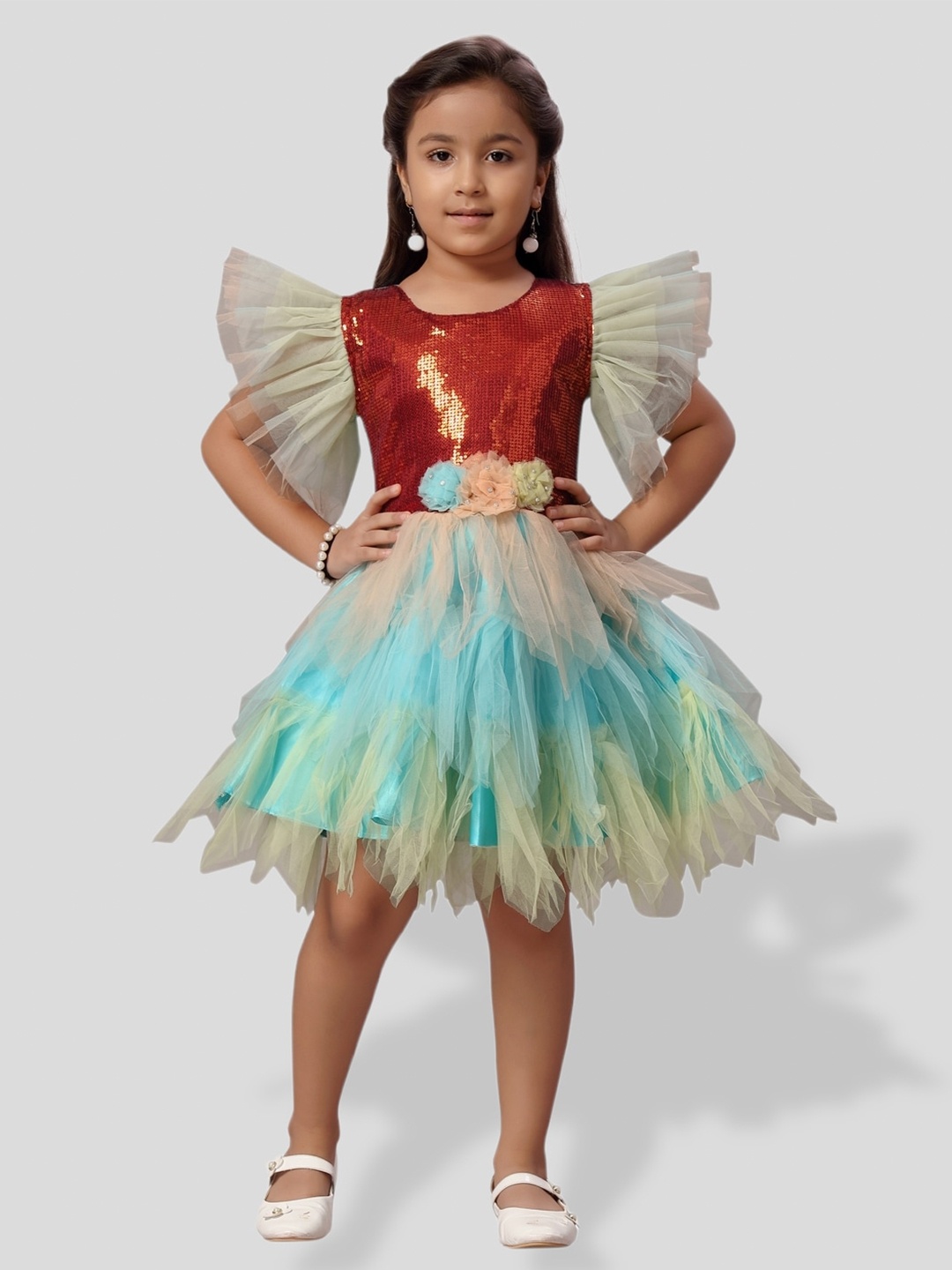 

BAESD Girls Sequinned Flutter Sleeve Net Fit & Flare Dress, Turquoise blue