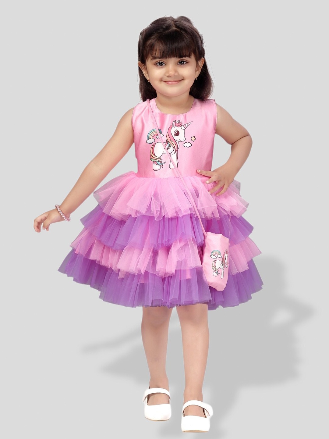 

BAESD Girls Unicorn Graphic Printed Layered Net Dress With Sling Bag, Pink