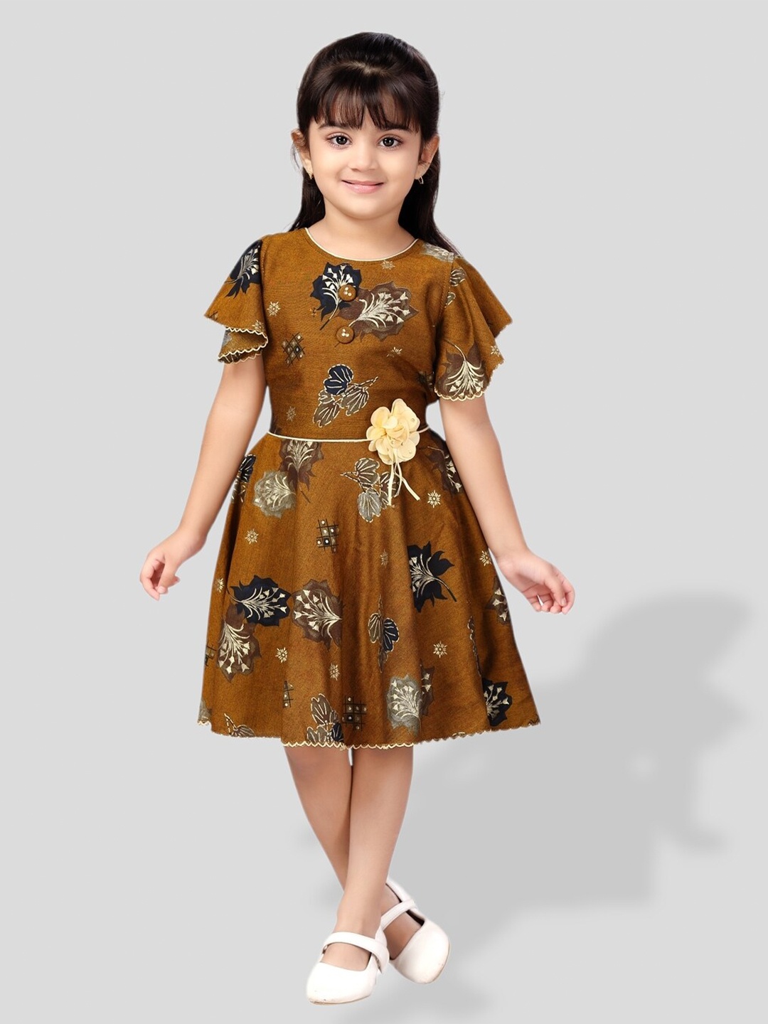 

BAESD Girls Floral Printed Flutter Sleeve Fit & Flare Dress, Brown
