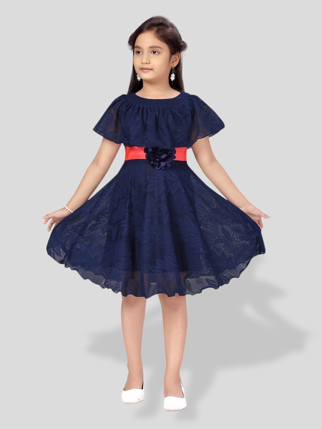 

BAESD Girls Net Fit & Flare Flared Sleeve Dress, Navy blue