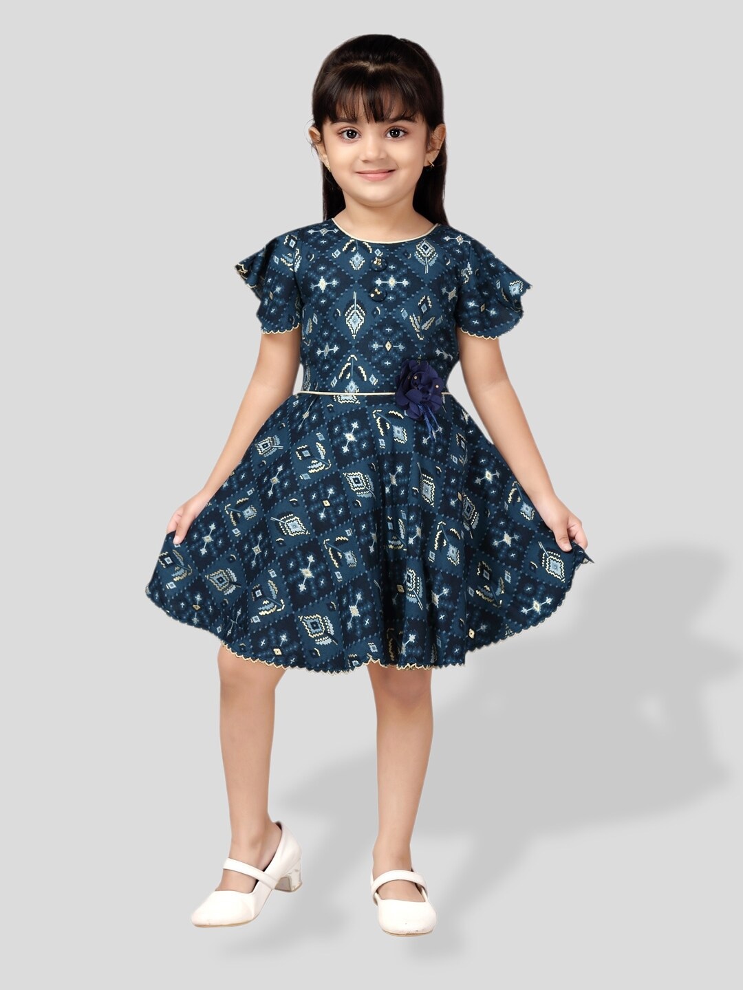 

BAESD Girls Geometric Printed Flutter Sleeve Fit & Flare Dress, Blue