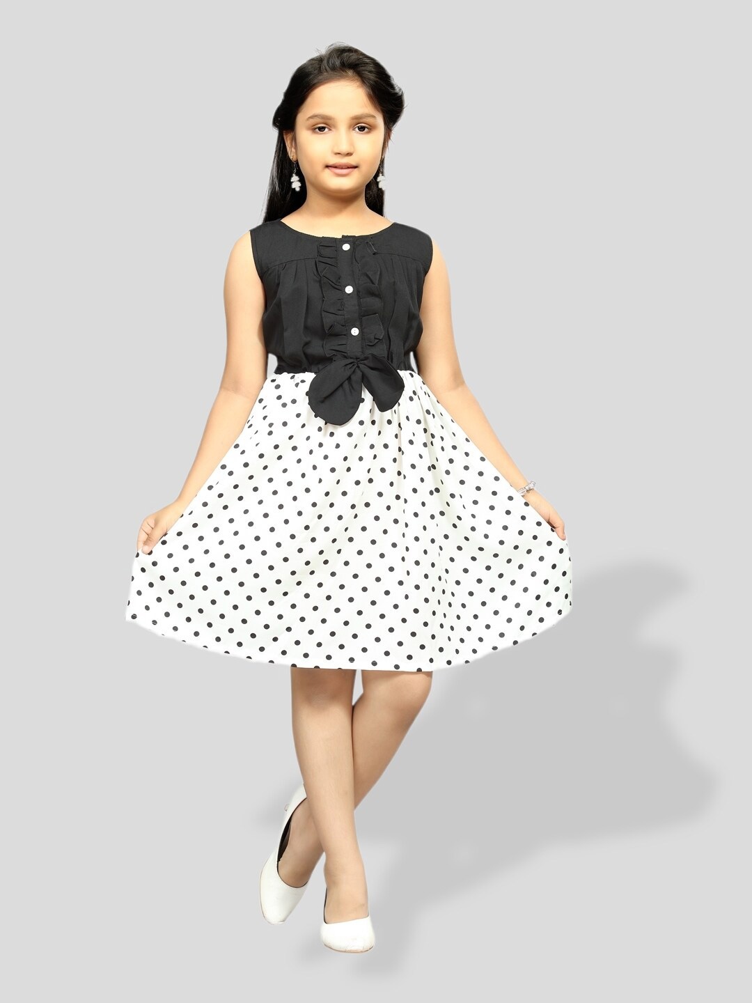 

BAESD Girls Cotton Polka Dot Printed Bow Fit & Flare Dress, Black