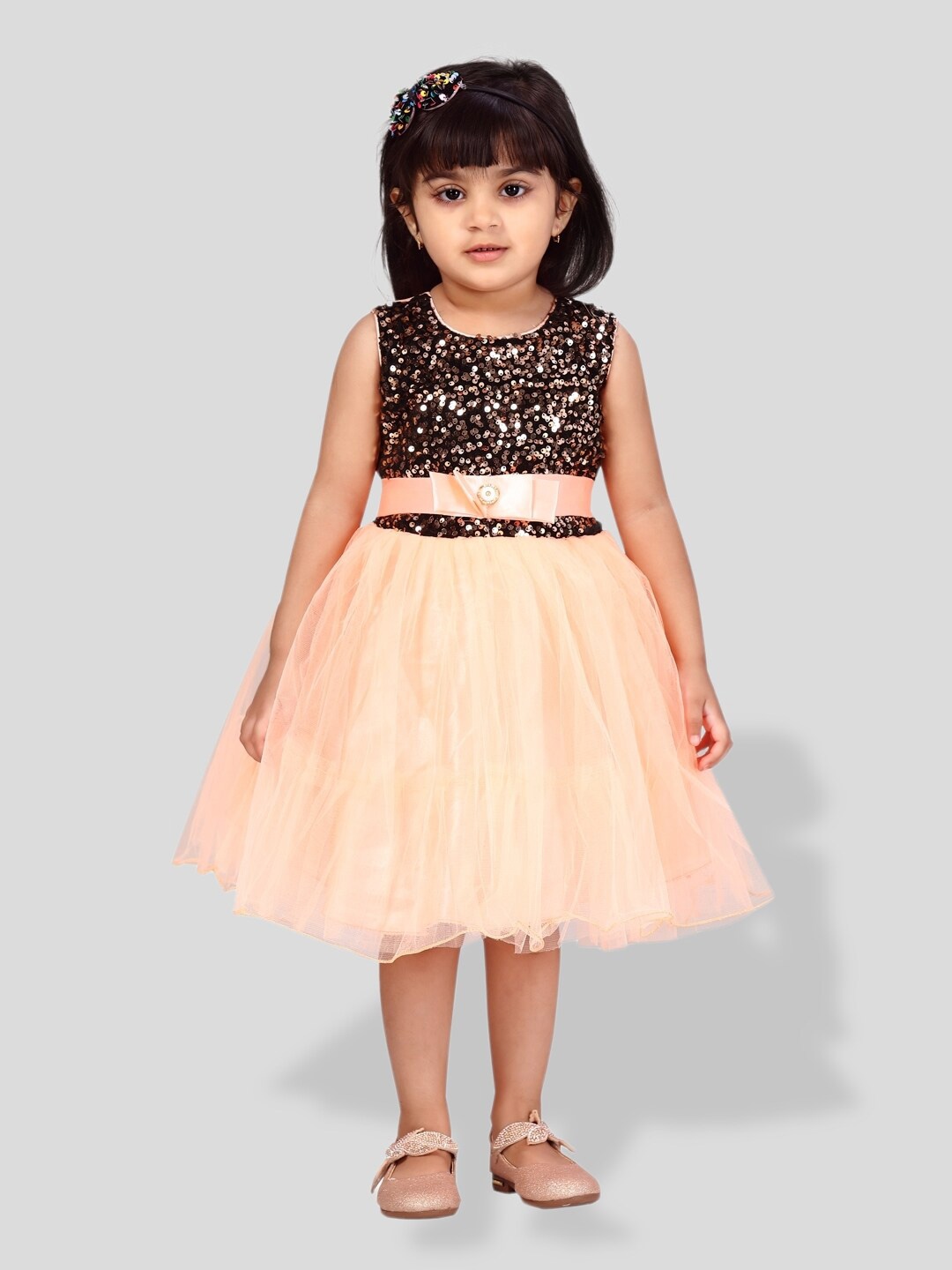 

BAESD Girls Sequined Embellished Net Fit & Flare Party Dress, Peach