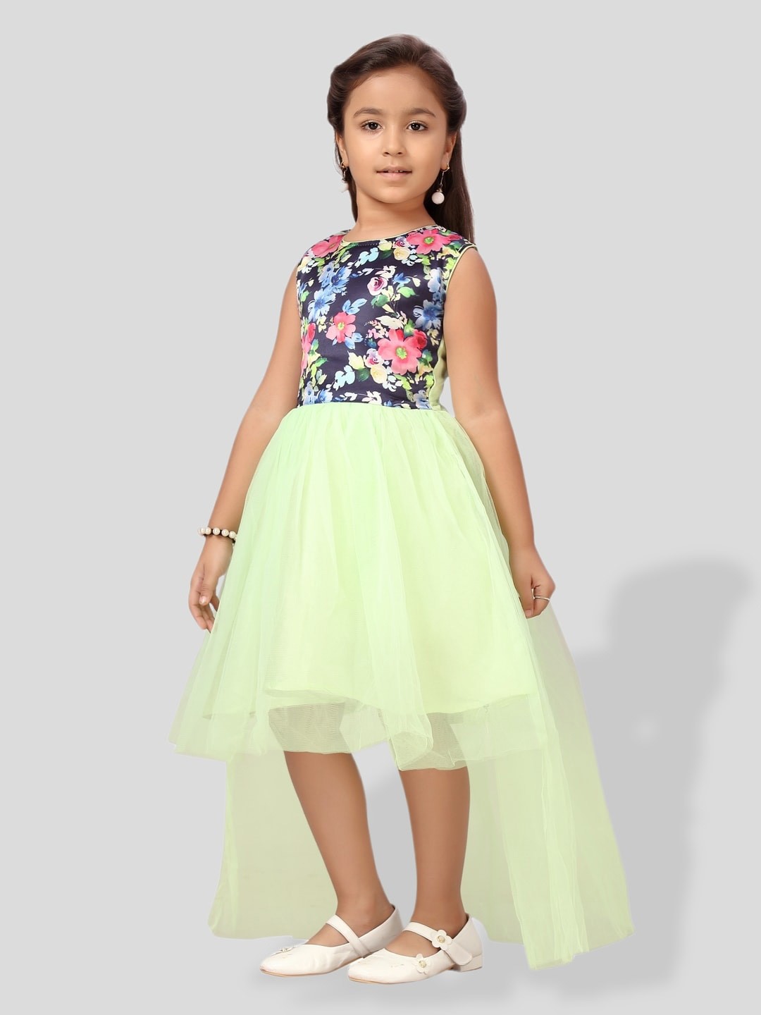 

BAESD Girls Floral Print Net High Low Fit & Flare Dress, Green