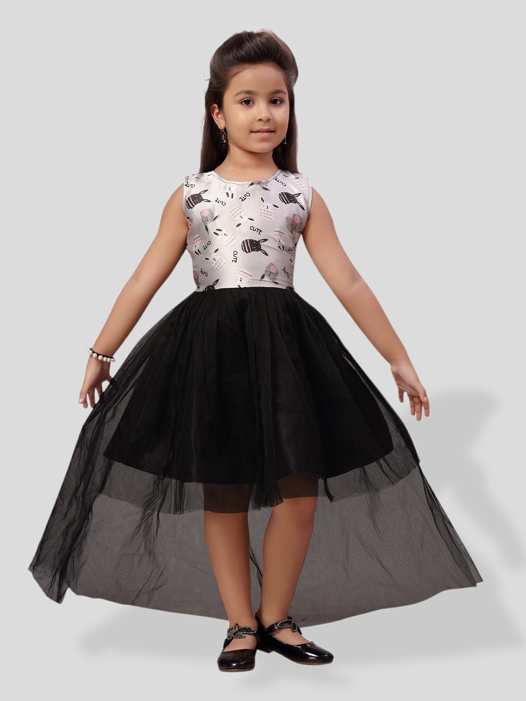 

BAESD Girls Graphic Print Embellished Net Fit & Flare Party Dress, Black