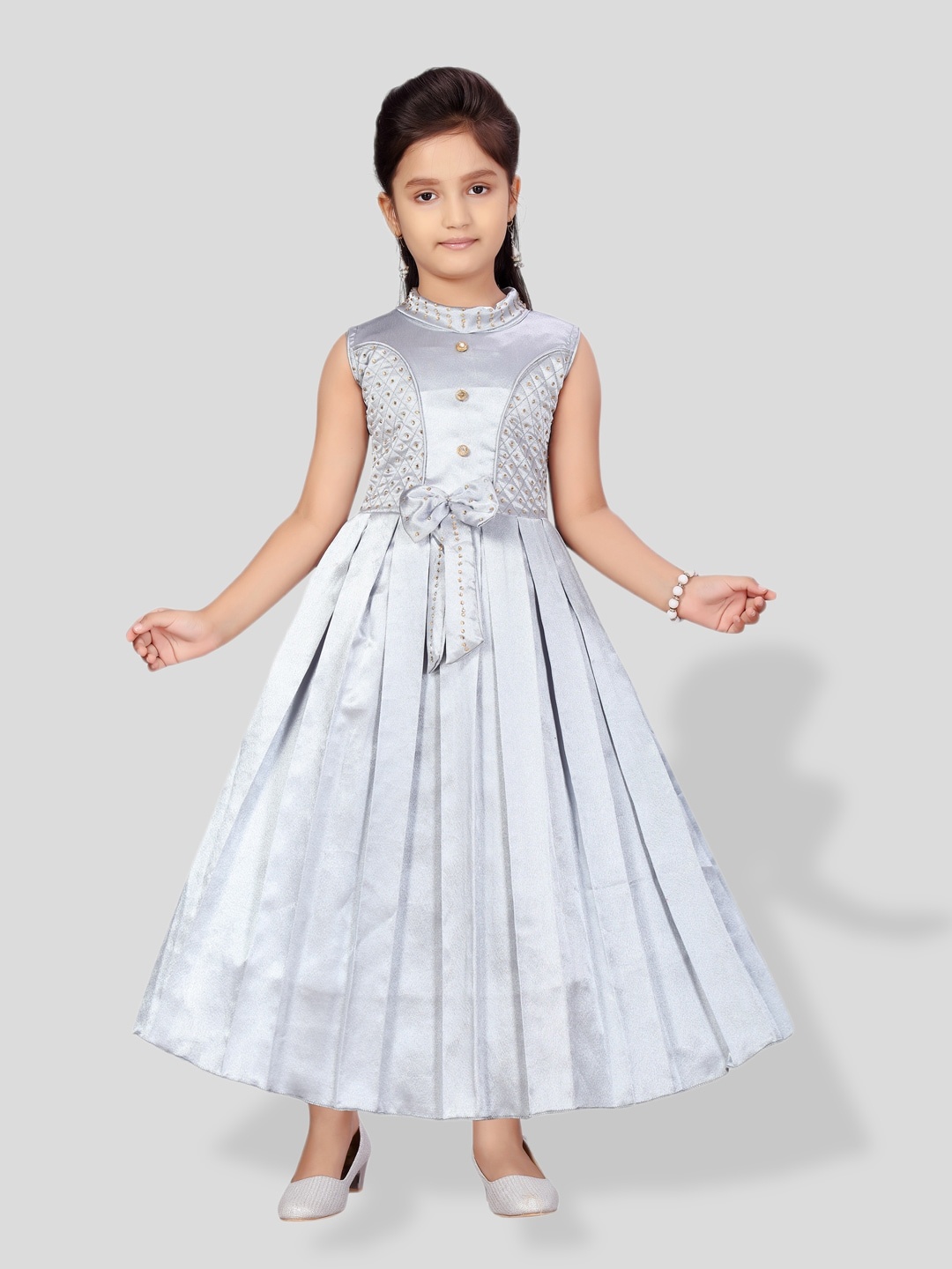 

BAESD Girls Embellished High Neck Accordion Pleated Party Dress, Grey