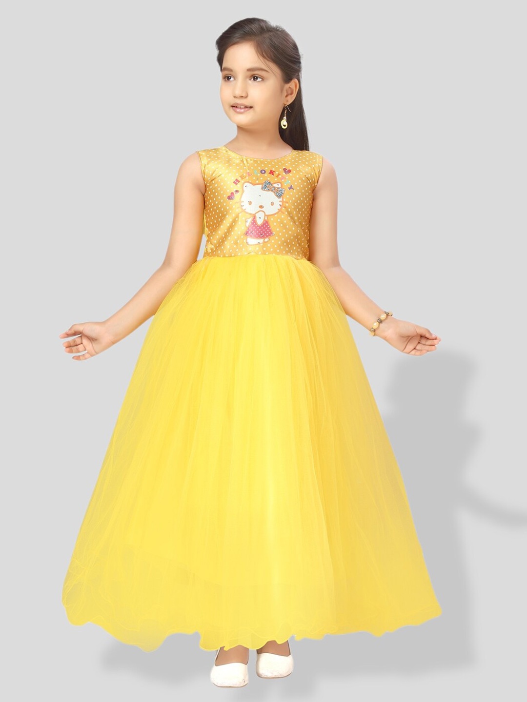 

BAESD Girls Embellished Gathered Or Pleated Net Maxi Party Dress, Yellow