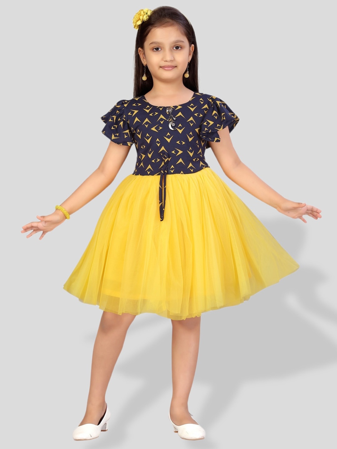 

BAESD Girls Abstract Print Flutter Sleeve Fit & Flare Party Dress, Navy blue