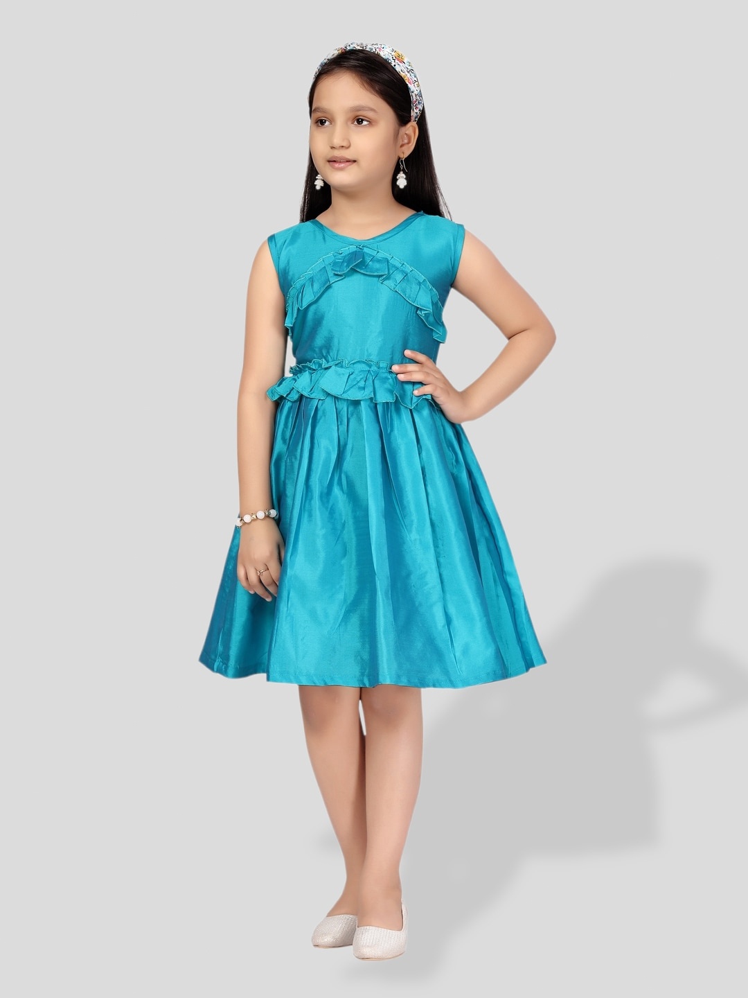 

BAESD Girls Ruffled Detailed Fit & Flare Dress, Turquoise blue