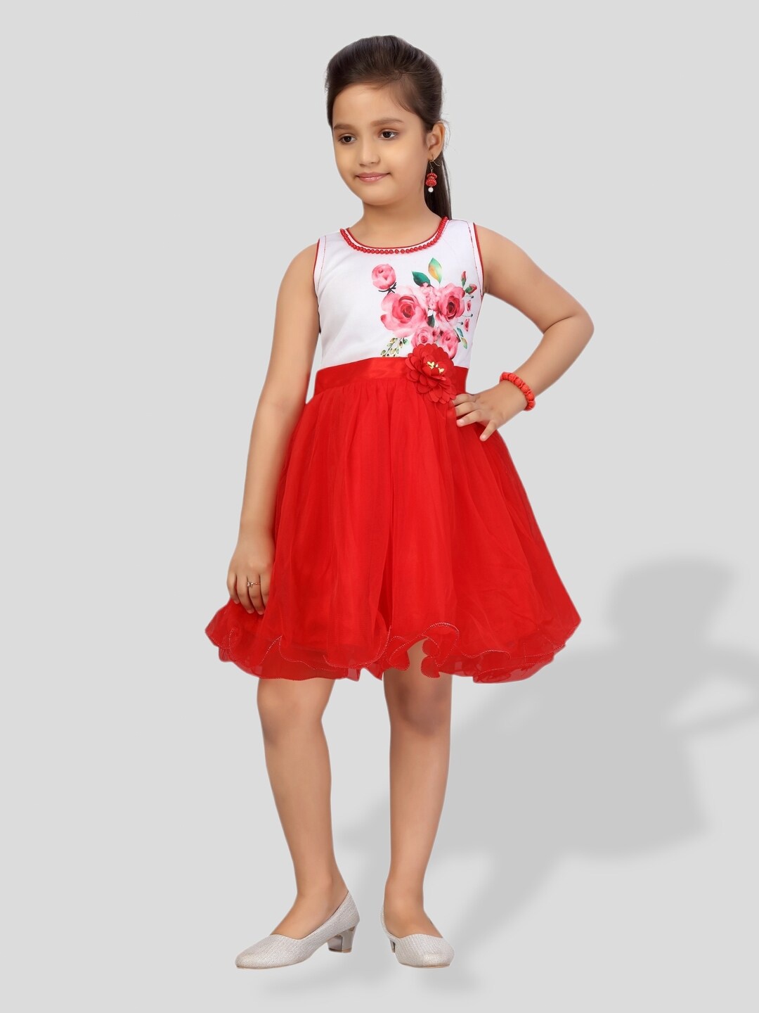 

BAESD Girls Floral Printed Applique Detailed Net Fit & Flare Dress, Red