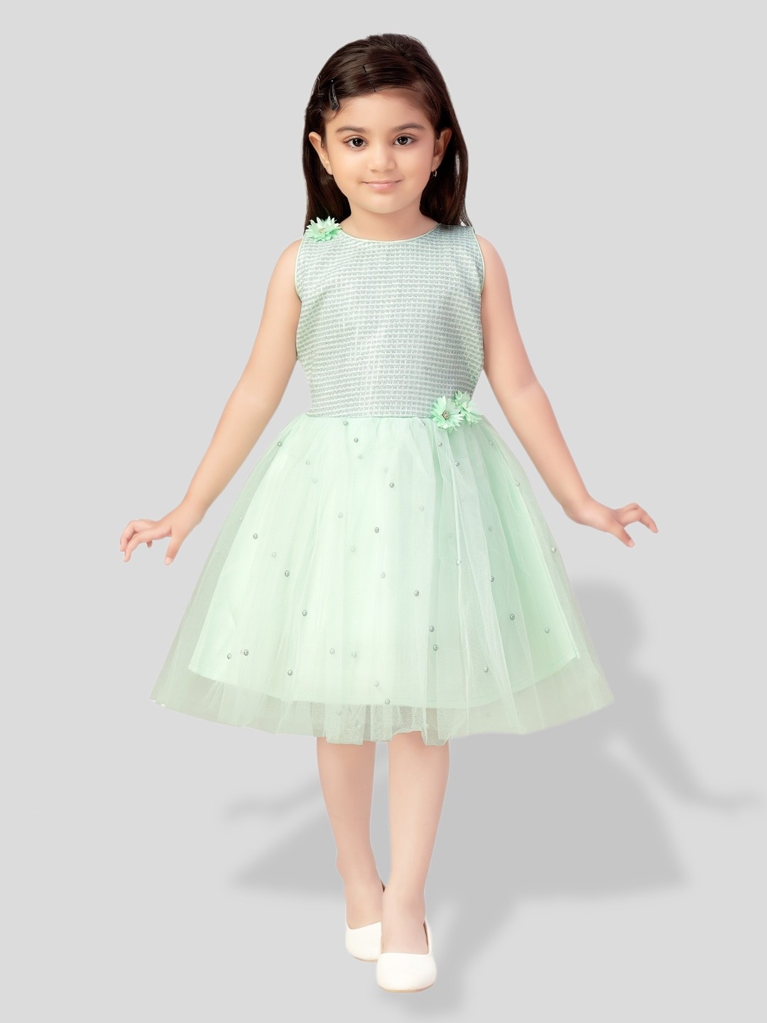 

BAESD Girls Self Design Embellished Detailed Fit & Flare Dress, Lime green
