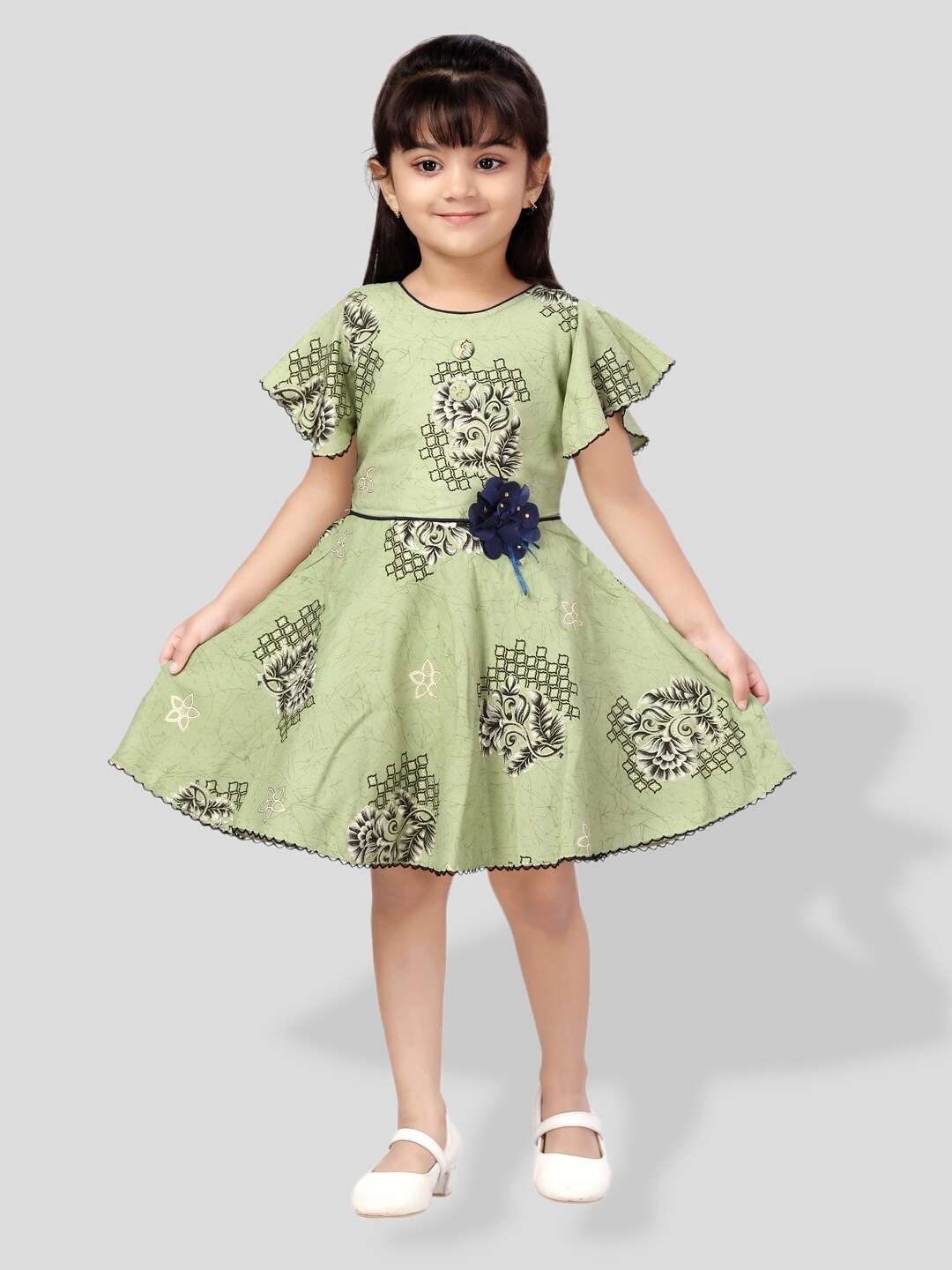 

BAESD Girls Floral Printed Applique Detailed Flared Sleeve Fit & Flare Dress, Green