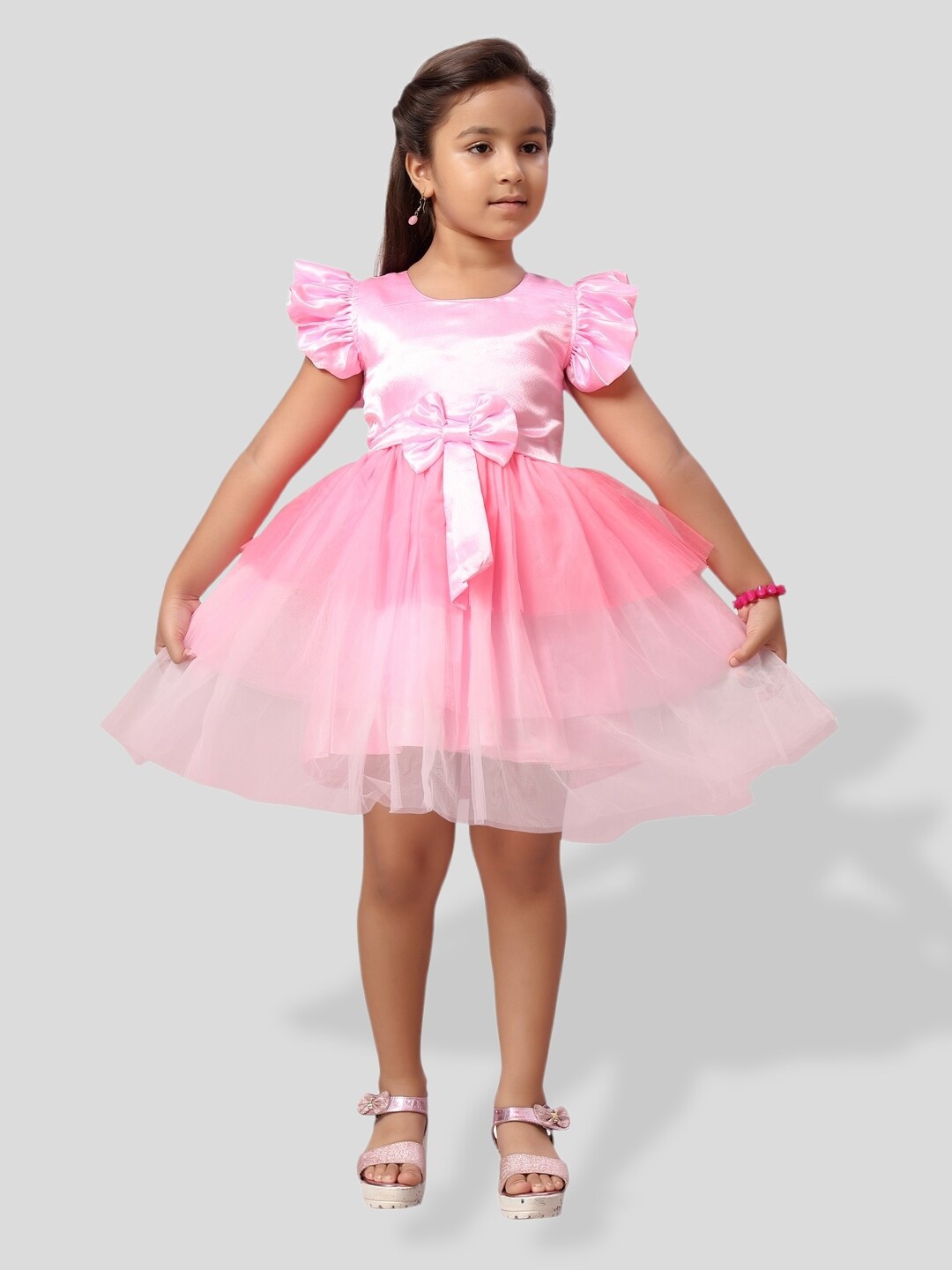 

BAESD Girls Flutter Sleeve Bow Detailed Tulle Fit & Flare Dress, Pink