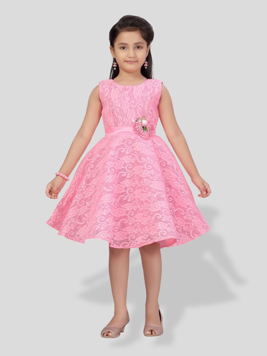 

BAESD Girls Self Design Applique Detailed Fit & Flare Dress, Pink