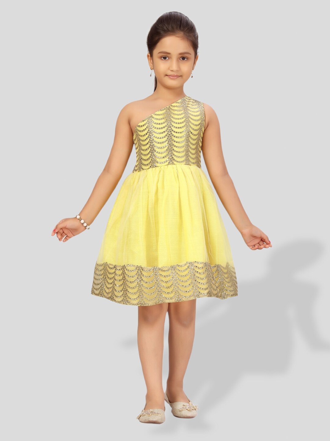 

BAESD Girls Self Design Embellished One Shoulder Neck Bling & Sparkly Fit & Flare Dress, Yellow