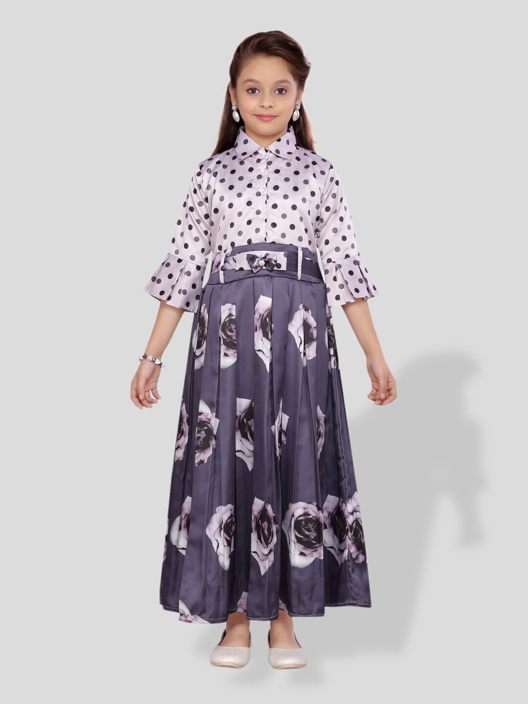 

BAESD Girls Floral Printed Bell Sleeve Bow Detailed Maxi Dress, Grey