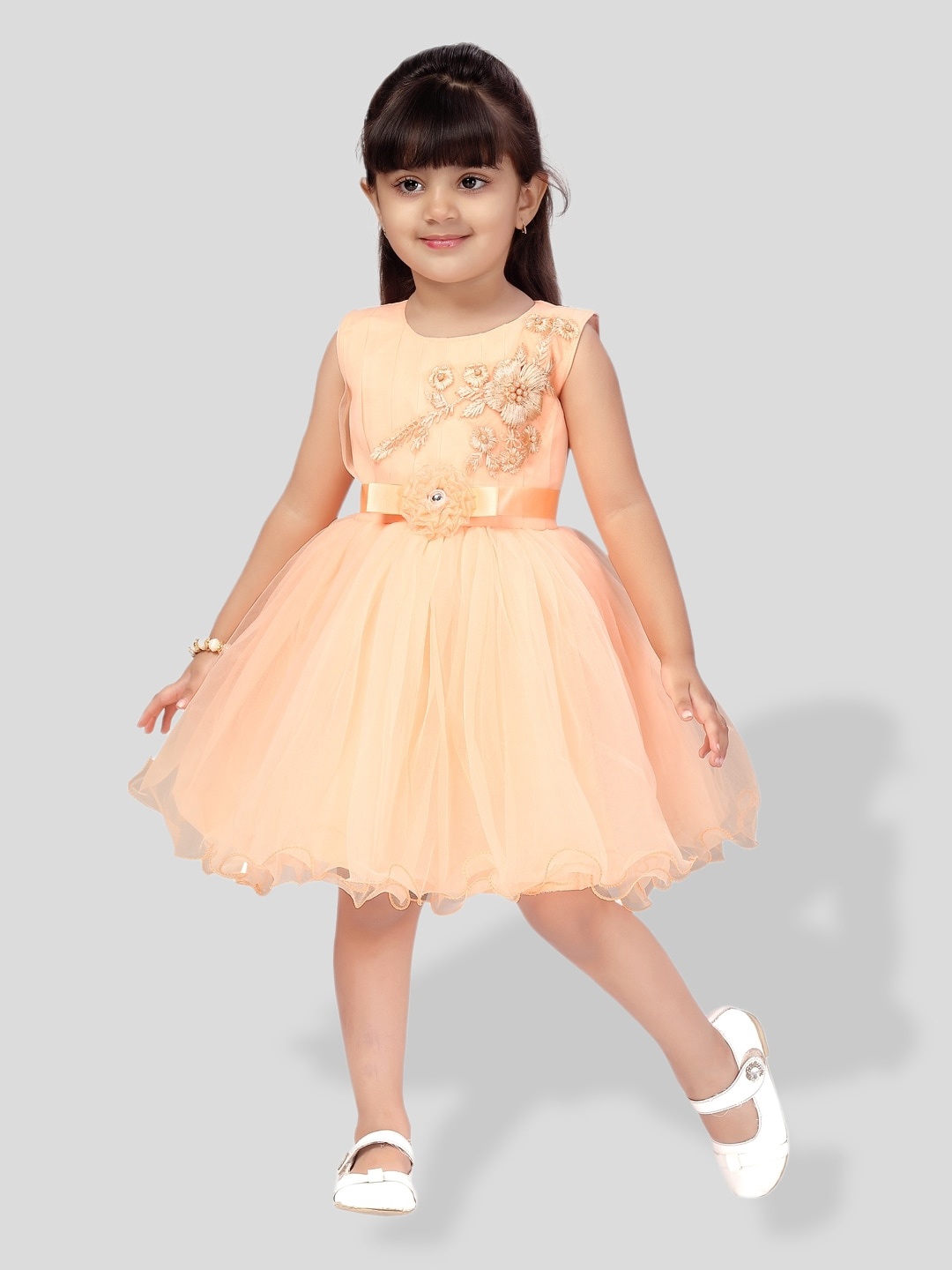 

BAESD Girls Embellished Embroidered Detailed Net Fit & Flare Dress, Peach