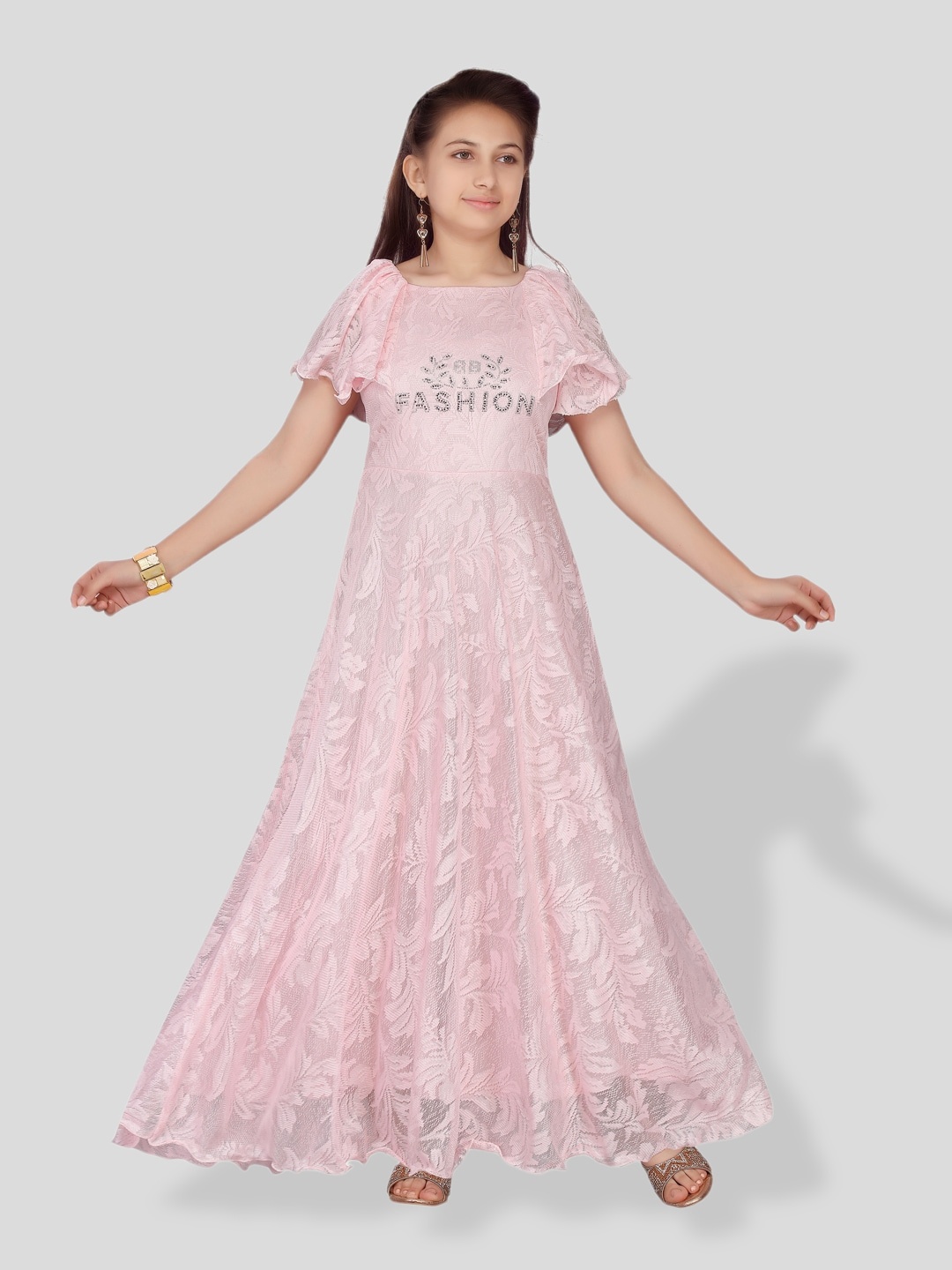 

BAESD Girls Self Design Flared Sleeve Maxi Dress, Pink