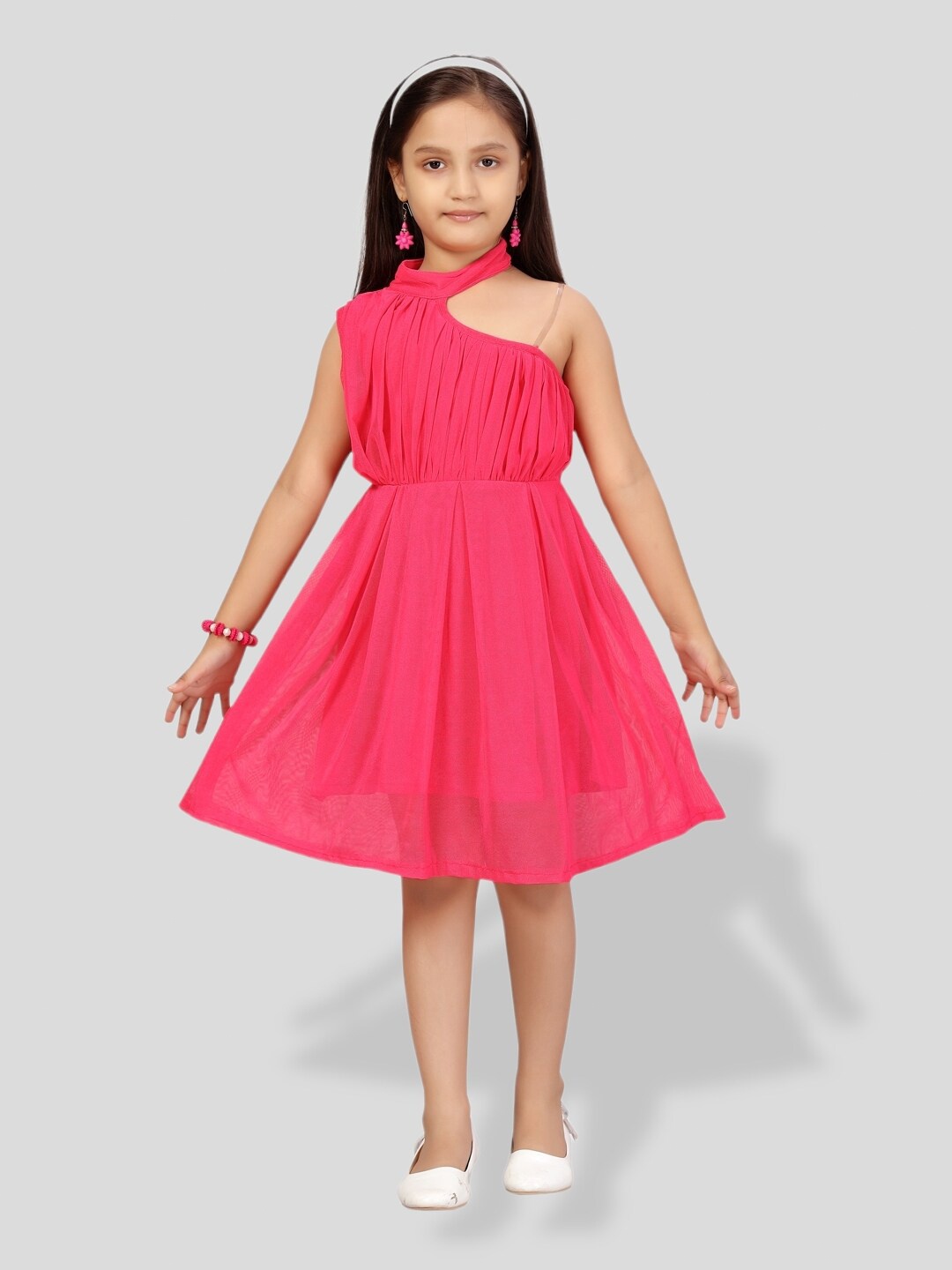 

BAESD Girls Asymmetric Neck Gathred Or Pleated Net Fit & Flare Dress, Pink