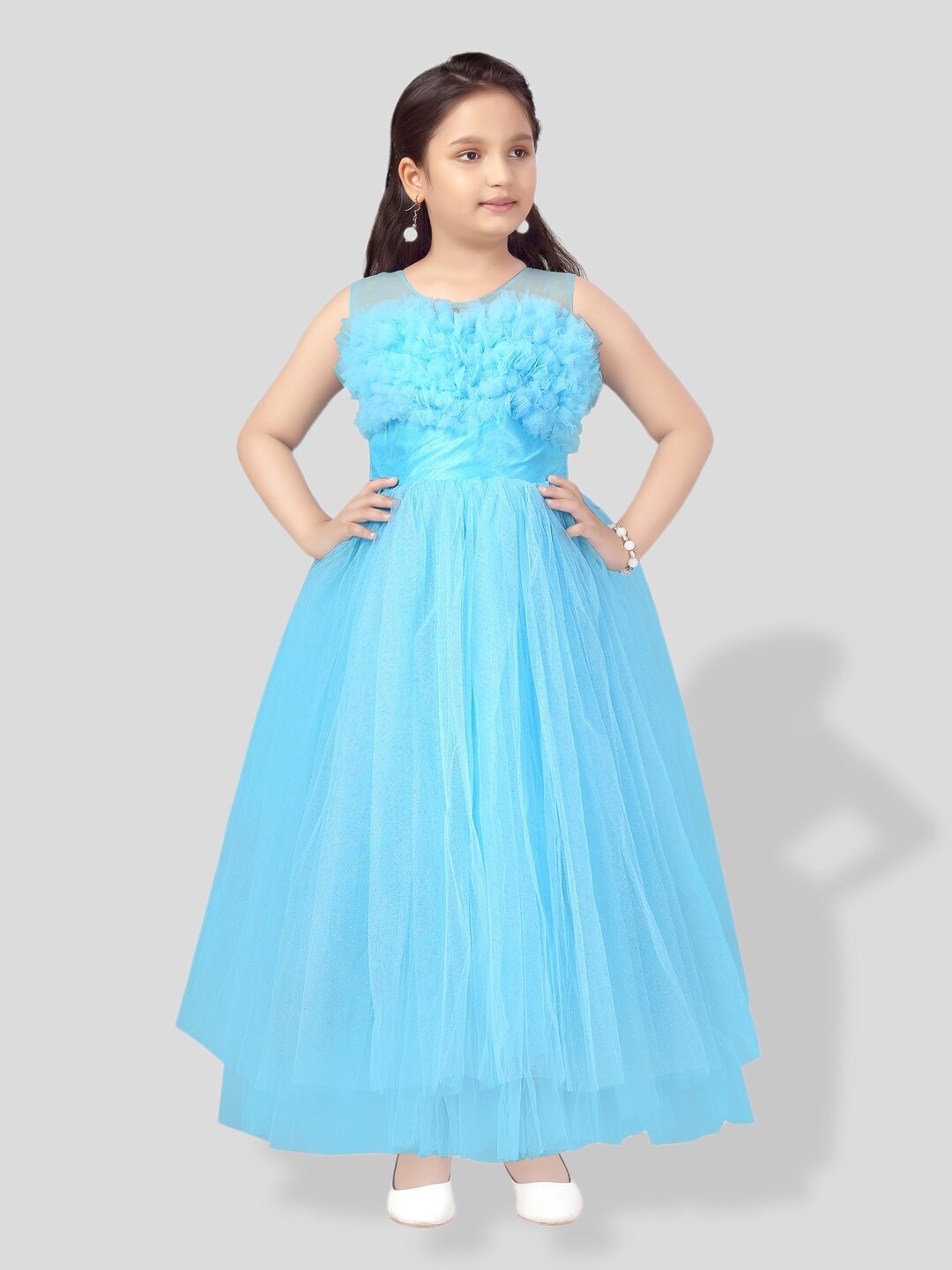 

BAESD Girls Self Design Gathred Or Pleated Maxi Dress, Turquoise blue