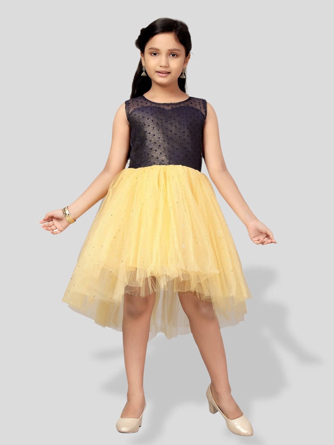

BAESD Girls Self Design Gathred Or Pleated Fit & Flare Dress, Navy blue