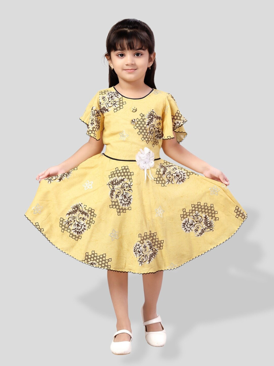 

BAESD Girls Floral Printed Flutter Sleeves Fit & Flare Dress, Yellow