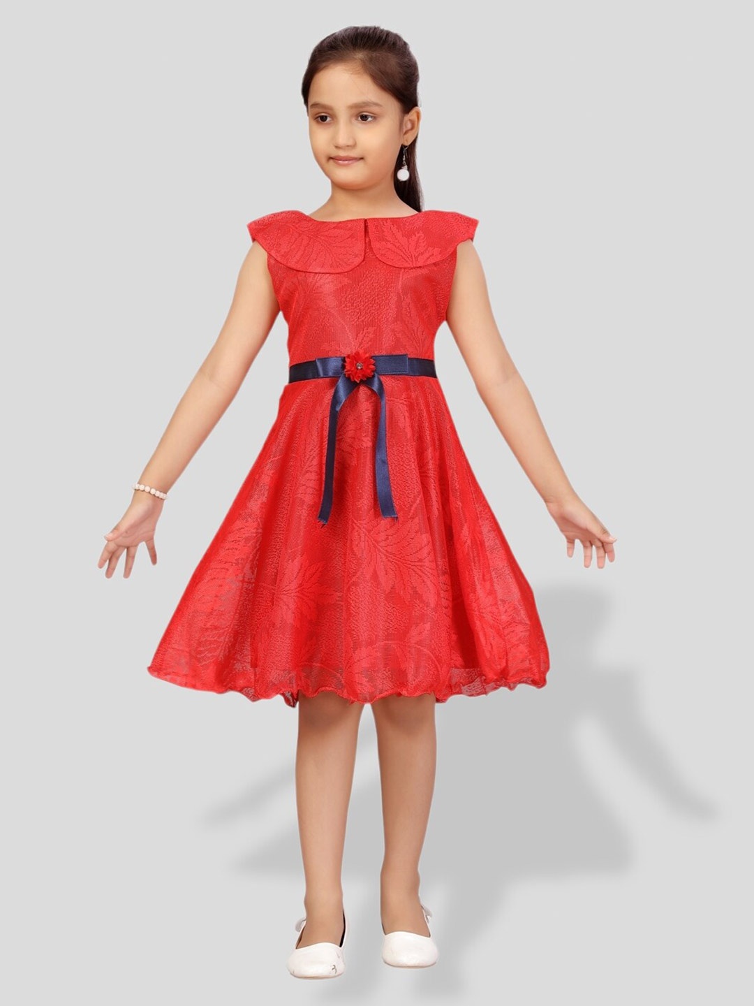 

BAESD Girls Floral Self Design Fit & Flare Dress, Red