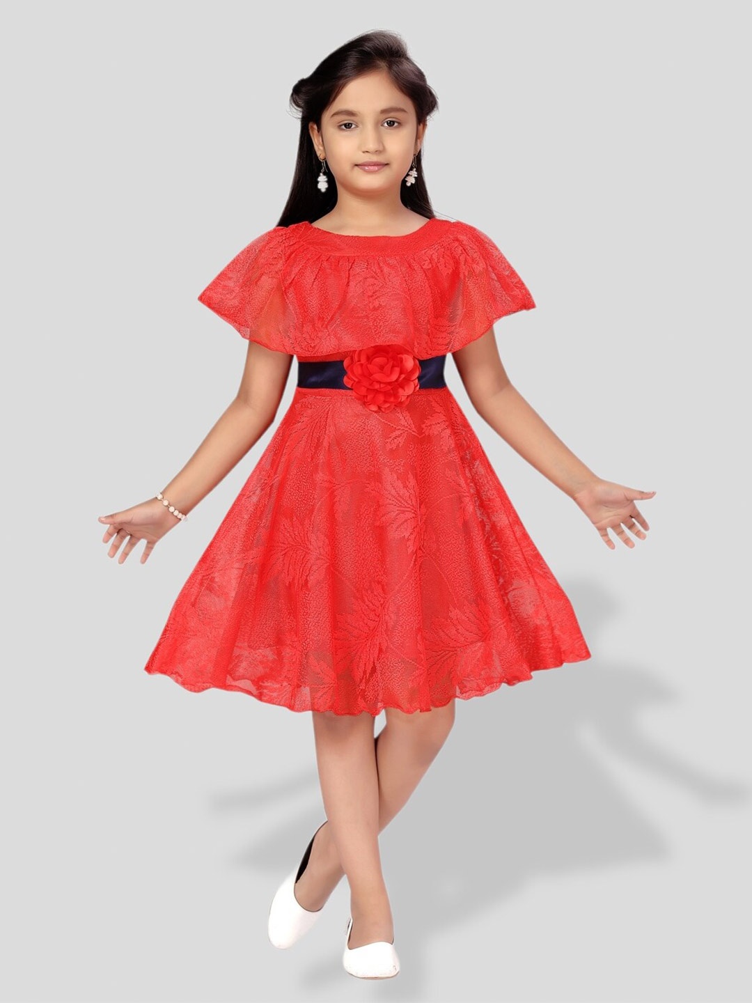

BAESD Girls Floral Self Design Fit & Flare Dress, Red
