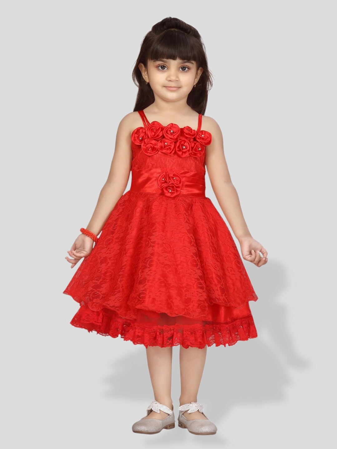 

BAESD Girls Floral Self Design Fit & Flare Dress, Red