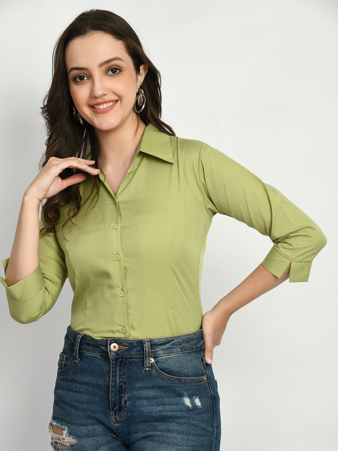 

KALINI Comfort Spread Collar Opaque Casual Shirt, Green