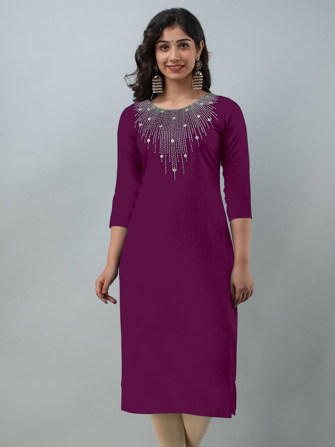 

Femvy Embroidered Yoke Design Mirror Work Kurta, Purple
